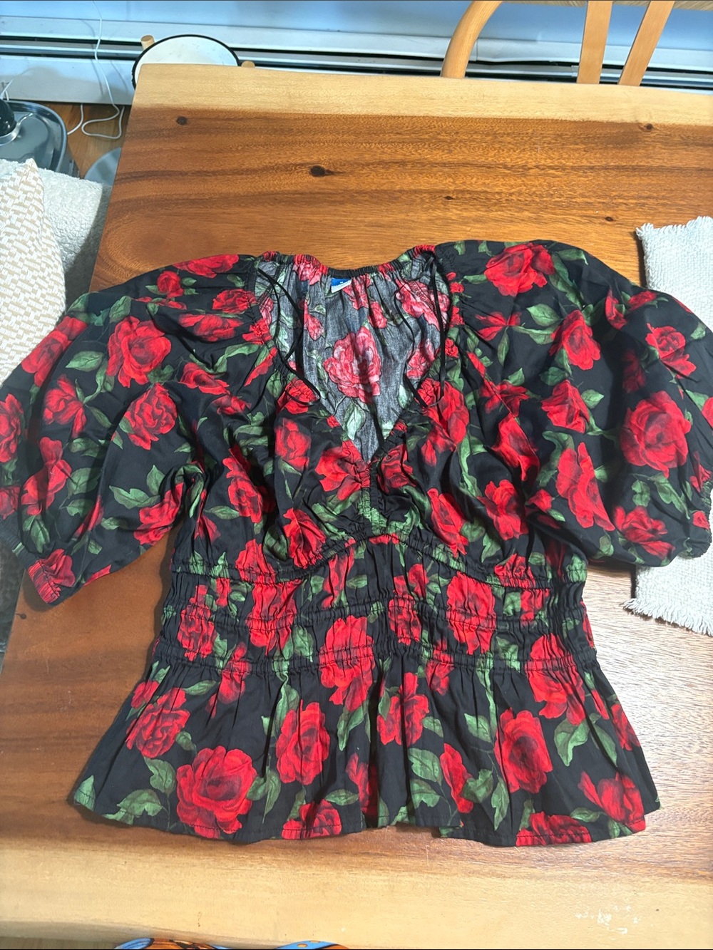 Old Navy Black Peplum Top with Red Rose Print